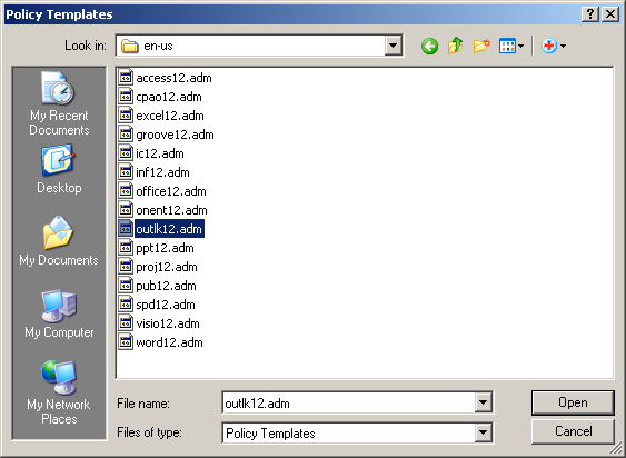 Choosing outlk12.adm from Policy Templates