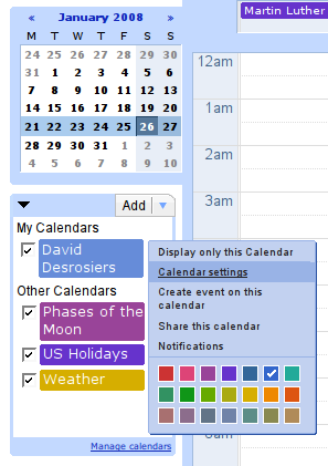 Google Calendar Menu