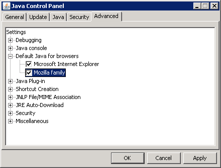 Java Control Panel - Default Java for browsers