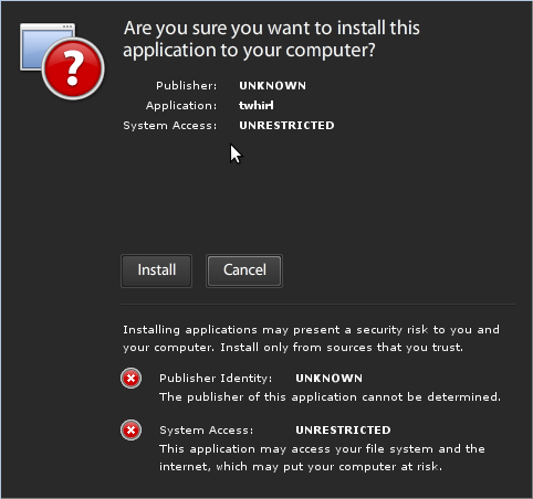 Adobe Air installer for twhirl on Linux, step 1