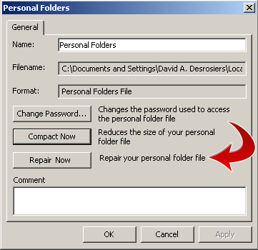 Personal Folders Repair Preferences