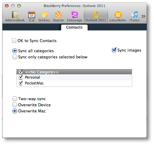 PocketMac Outlook 2011 Settings