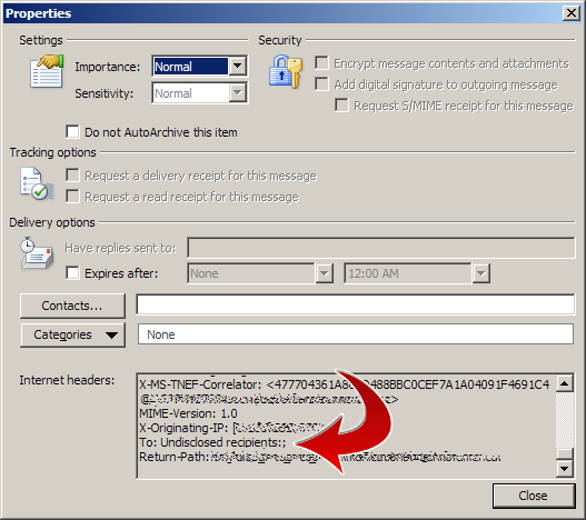 Outlook email Internet headers