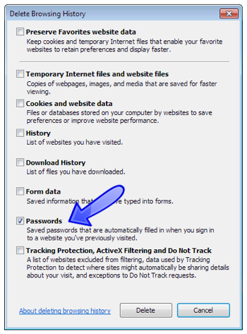 MSIE Delete Browsing History Passwords