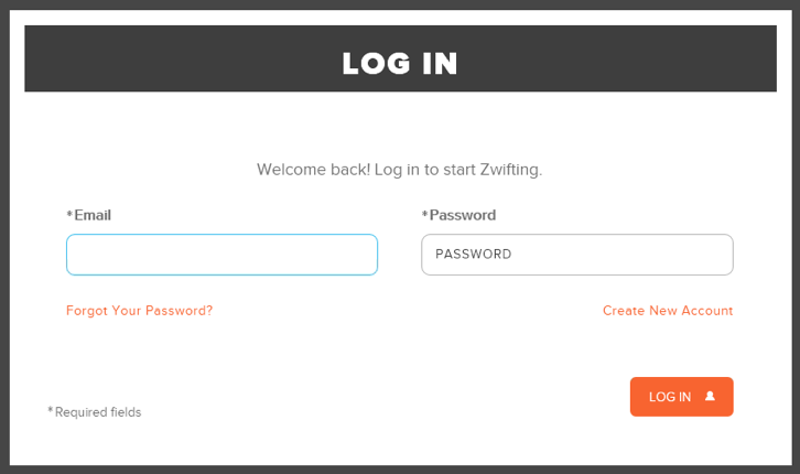 Zwift Application Login Dialog